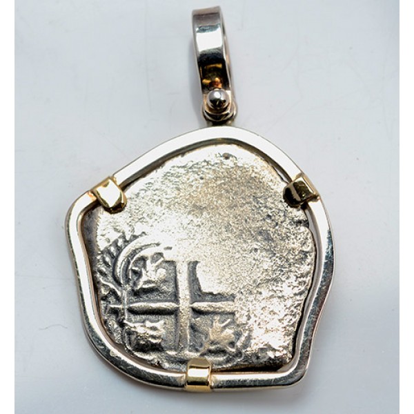 1 Reale Tresaure Coin in 14kt Gold & Sterling Silver Pendant  from the Consolacion Shipwreck of 1681